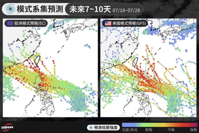 专家曝准颱风最新路径，压着往西机率高，不过也有几条西北折往台湾的路线。（翻摄《台湾颱风论坛｜天气特急》）