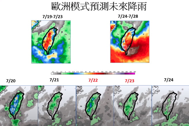 欧洲模式预测，24至28日台东、恒春半岛有大雨，其他地区午后雷阵雨。(翻摄自贾新兴YouTube)