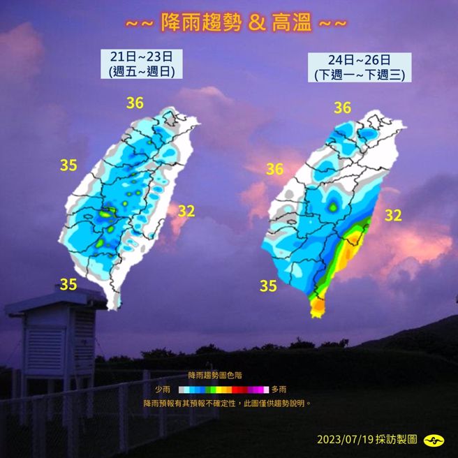气象局分享未来天气趋势，下周天气得视「杜苏芮」发展程度而定，不确定性仍高。（图／气象局）