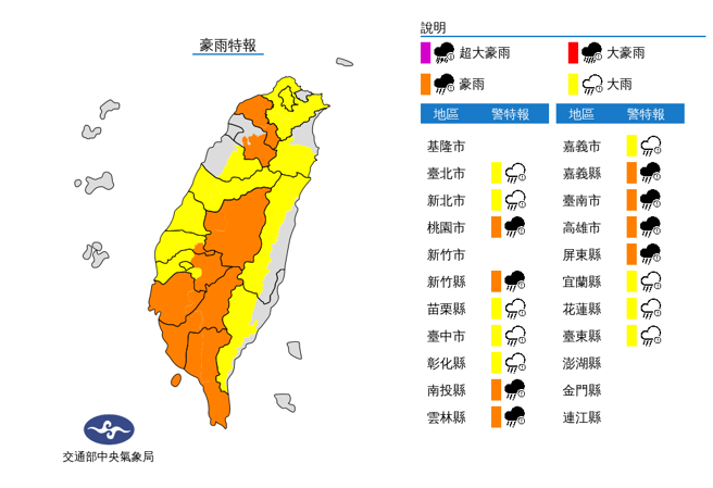 气象局发布豪雨特报，豪雨范围扩大至6县市。 （气象局）