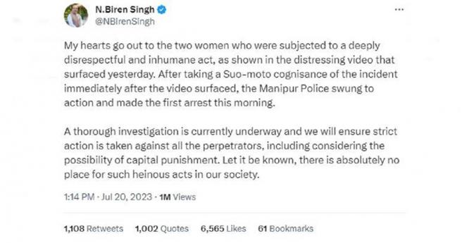 针对此案，曼尼普尔邦首席部长辛格直言，不排除以死刑作为惩戒手段。（图／翻摄自推特／@NBirenSingh）