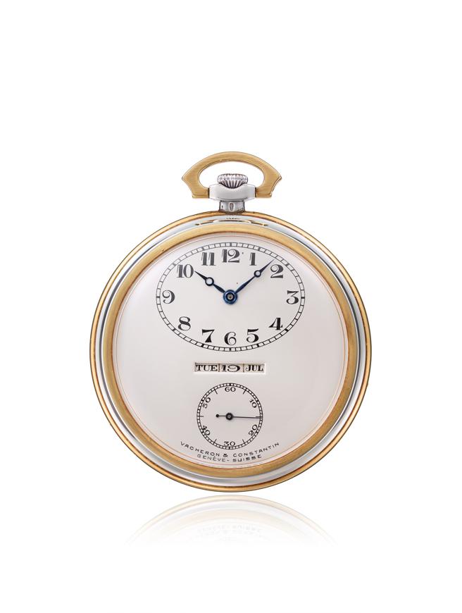 江詩丹頓1929年具備全曆功能與小秒鐘的黃白雙色金懷表 。（Vacheron Constantin提供／陶福媛台北傳真）