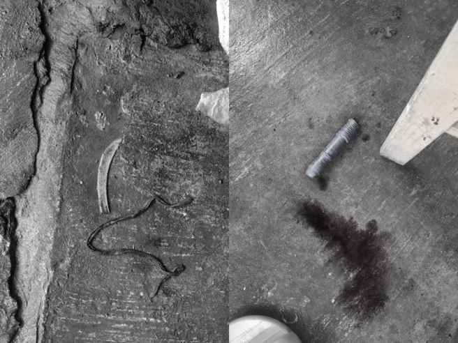 吴男持镰刀砍杀高女，被警方当场逮捕；高女受到3处刀伤，现场可见到血迹斑斑。（翻摄照片／林郁平台北传真）