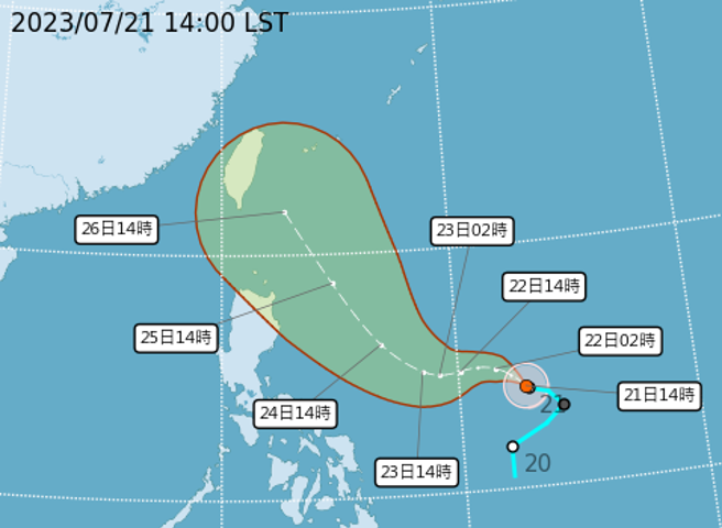 颱風杜蘇芮移動路徑仍有不確定性，下周一到下周三（7/24~7/26）高氣壓強度將影響其動向。（圖／氣象局）