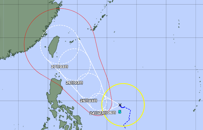 杜蘇芮持續發展，預估北轉時將非常接近台灣，下周影響最大。（翻攝日本氣象廳）