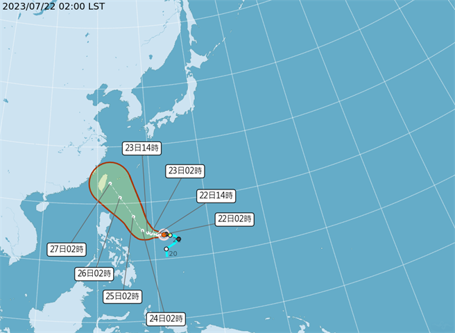 中央气象局指出，杜苏芮颱风22日2时的中心位置在北纬 14.2 度，东经 131.8 度，以每小时9公里速度，向西进行。中心气压998百帕，近中心最大风速每秒18公尺，瞬间最大阵风每秒 25 公尺，七级风平均暴风半径 100 公里。（翻摄自中央气象局／林良齐台北传真）