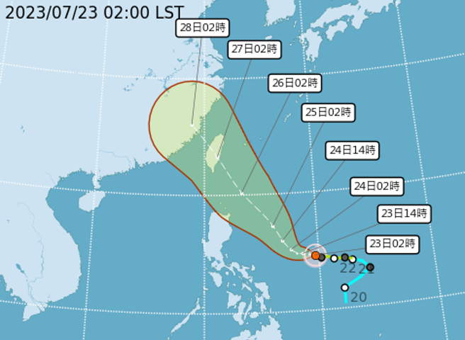 依目前預報路徑，有機會在周二發布海上及陸上颱風警報，周三、四是颱風影響台灣最嚴重的時候。(翻攝自氣象局)
