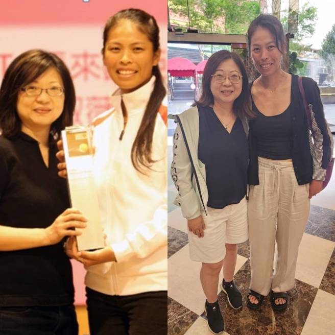 謝淑薇（兩圖右）、四維企業協理楊慧瑜（兩圖左）11年前後一起合照。（四維體育推廣教育基金會提供／陳筱琳台北傳真）