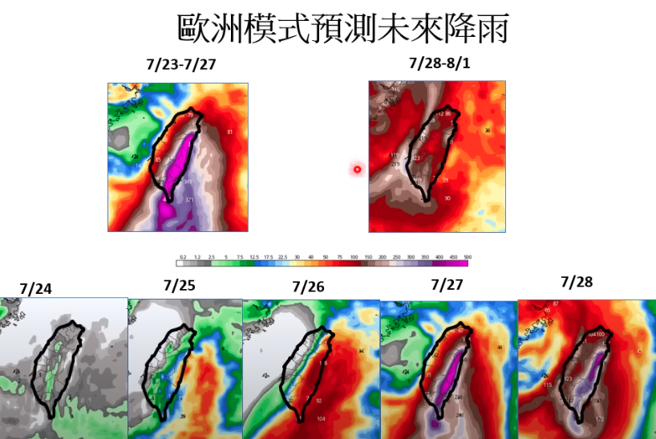 周三至周五（26至28日）是颱風對台影響最明顯的時候，宜花東及高屏是主要降雨熱區。(翻攝自賈新興YouTube)