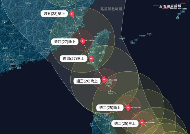台灣颱風論壇分析，根據氣象局最新預報，杜蘇芮的最新模擬路徑或是擦過西南沿海，破壞力都比直接登陸更強大。（翻攝自台灣颱風論壇｜天氣特急臉書）