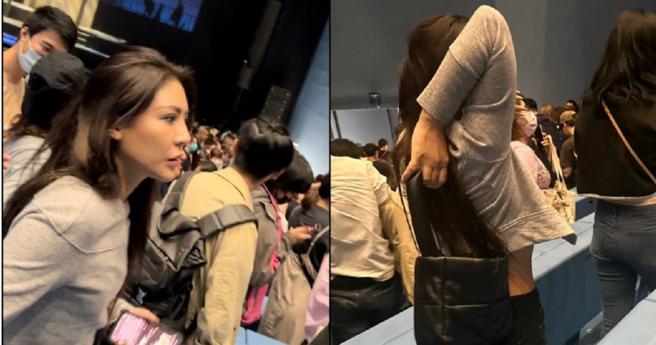 艾怡良跟工作人员去看音乐剧《劝世三姊妹》，散场时还不忘拉筋舒展一下。（图／读者提供）