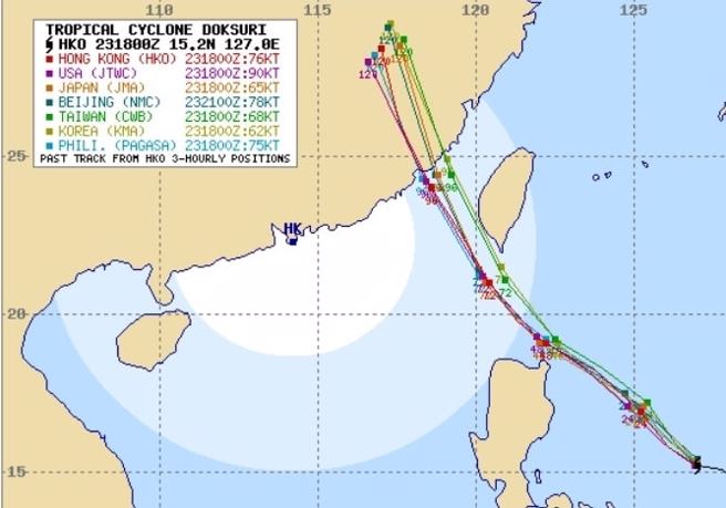 最新各國官方預報皆預測颱風路徑持續南修，2條從西南部沿海通過、5條從外海通過，中心皆不會登陸台灣。(翻攝自觀氣象看天氣FB)