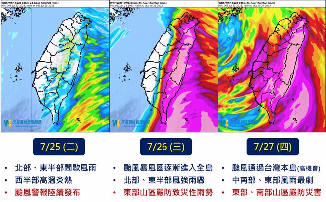 周三、周四全台嚴防颱風的致災降雨。(翻攝自天氣風險FB)