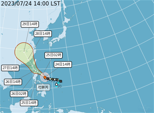 今年第5号颱风「杜苏芮」持续逼近，由于路径再往南修，颱风中心登陆机会并不大，但因为7级暴风半径仍会影响台湾，中央气象局表示，今晚20：30将发布海警，周三、周四影响最大，南部山区和花东地区甚至有大豪雨情况。（取自气象局网站）