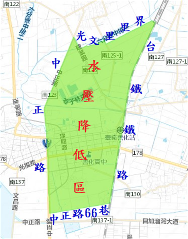 善化区原本因换管工程降低水压的区域，因颱风入侵工程暂缓，也跟着先取消。（台湾自来水公司提供／程炳璋台南传真）