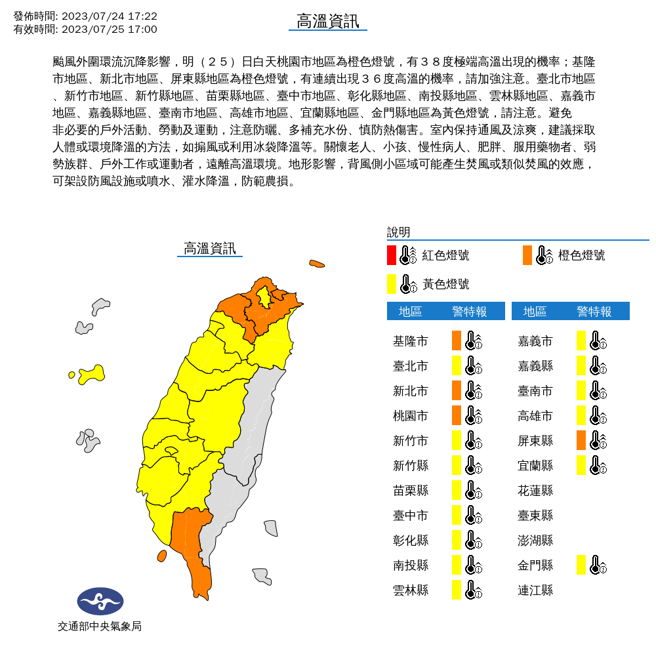 由於沉降作用影響，許多地區明日將飆高溫。（翻攝自氣象局）