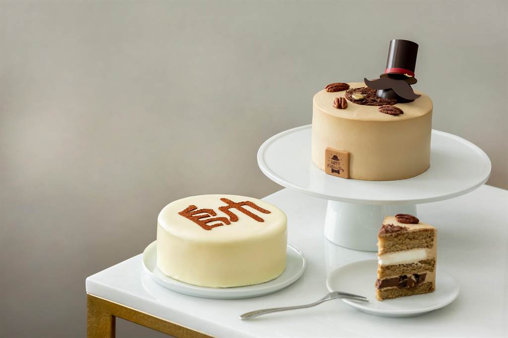 「Corner Bakery 63國賓麵包房」今年推出香醇濃郁的摩卡胡桃鮮奶油蛋糕與符合爸爸帥氣英姿的「帥蛋糕」。(台北國賓大飯店提供)