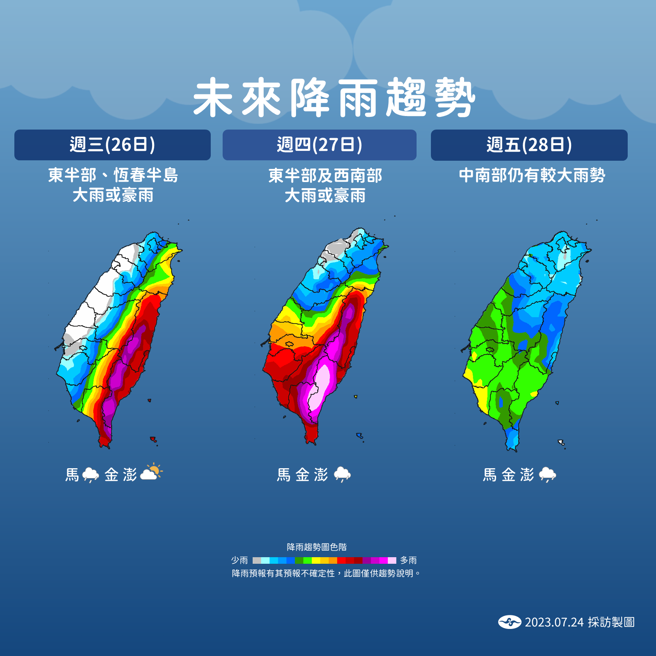 根據氣象局預測雨量，台南市、高雄市、屏東縣、花蓮縣及台東縣可能達放假標準。（中央氣象局提供）