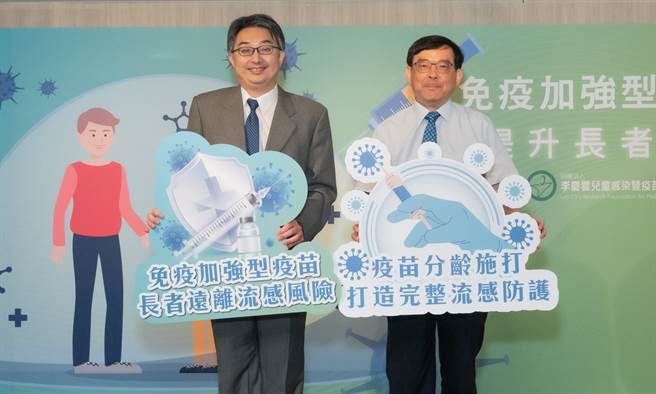 台大医院小儿科教授黄立民（右）与老年医学部主任詹鼎正（左），共同呼吁大眾重视长者的健康，应确实接种免疫加强型流感疫苗，提升长者防护力。（李庆云儿童感染暨疫苗发展医学文教基金会提供／林周义台北传真）