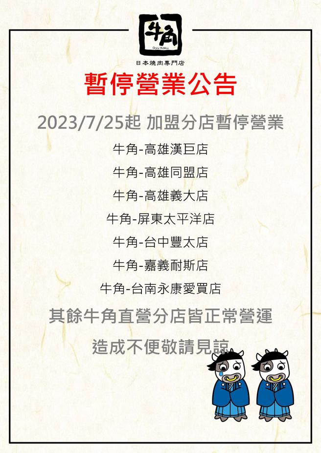 由捷利国际代理的牛角烧肉加盟店，全台7家今（25日）爆无预警停业。（取自牛角官方脸书）