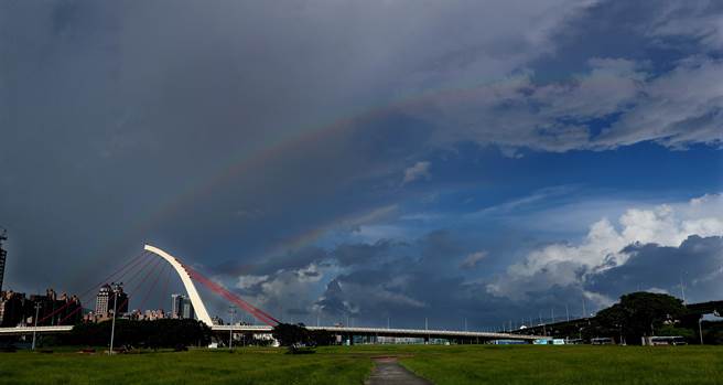 杜苏芮颱风逐渐接近，台湾北部25日开始有短暂的强阵风及零星飘雨，阵雨过的北市大直桥上方出现短暂的霓虹。（郑任南摄）