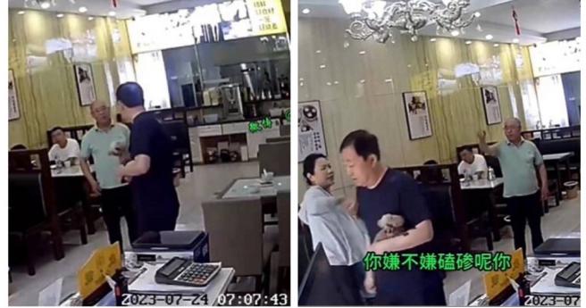 大陆一名男子因被店主父亲提醒，不能携带宠物进入餐厅，居然接连辱骂对方。（图／翻摄自微博／头条新闻、1024专员）