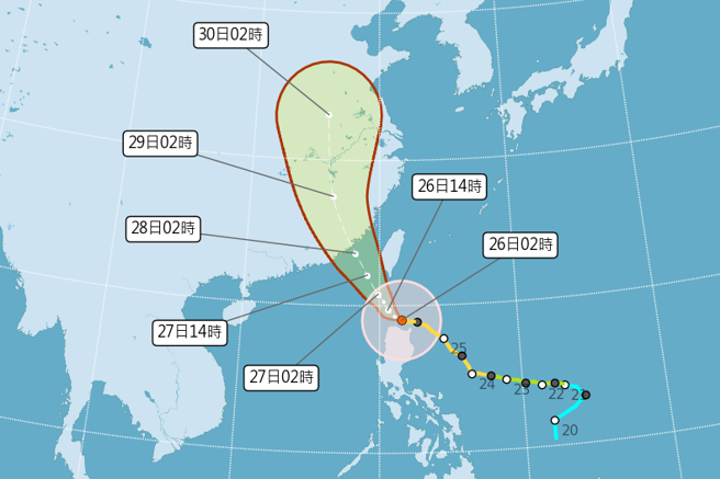 杜苏芮路径出现「蛇行」，预计今天中午之前开始北上，北转的角度相当关键。（中央气象局提供）