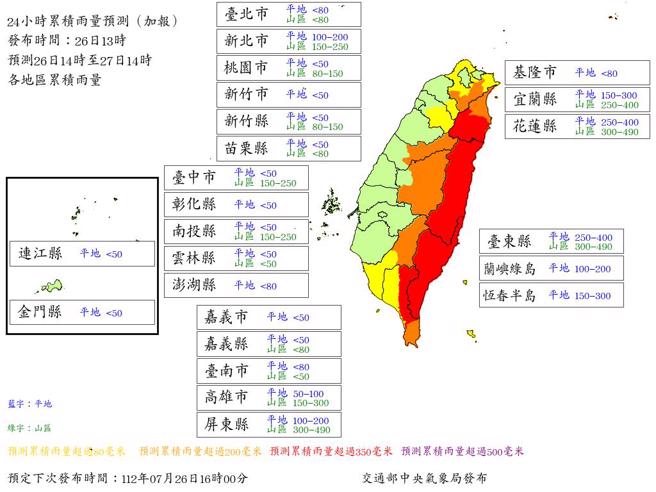 台东县及花莲县雨量达颱风假标准，宜兰山区、高雄山区及屏东山区雨量也达标。（中央气象局提供）