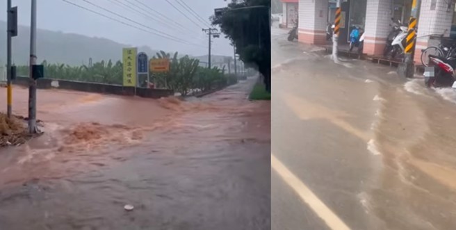 中颱杜苏芮来势汹汹，台东市26日出现积水灾情，水流速度相当猛烈。（图／翻摄自台东市前市长赖坤成FB）
