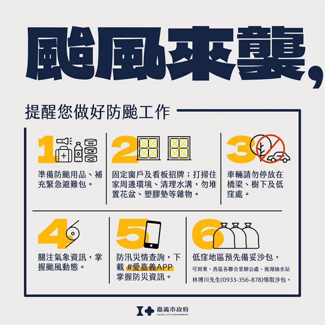 嘉义市政府提醒民眾防颱准备。（嘉义市政府提供／廖素慧嘉市传真）