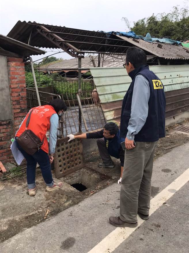 近期高市府环保局多次接获路竹地区民眾陈情畜牧场周边有异味飘散且出现畜牧粪便堆积的状况，环保局发现场外排沟有蓄积粪便或废水未妥善收集及绕流排放等情形。（高市府环保局提供／洪浩轩高雄传真）