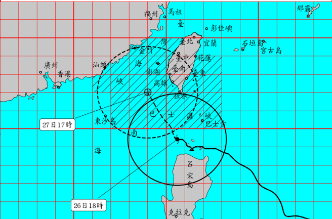 氣象局26日下午指出，杜蘇芮有機會在金門登陸，不過晚間最新資訊顯示，登陸機率「趨近於0」。（圖／氣象局）