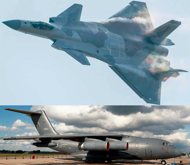 中共殲-20戰機(上)、運油-20空中加油機(下)聯演成為長春航展主秀看點之一。（合成圖／大陸國防部官網、中新社）