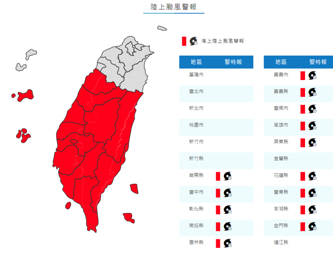 苗栗以南發布陸上颱風警報。(氣象局提供)