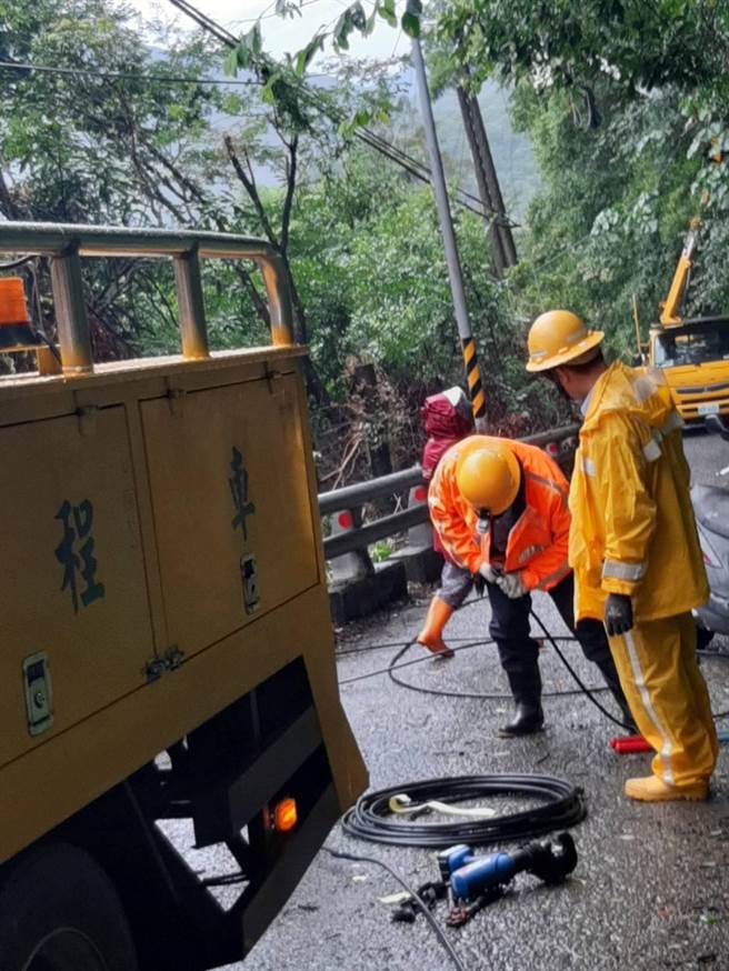 桃源區今早大樹倒塌，造成電線桿上的電線斷裂，約620戶停電，台電緊急派員搶修中。（台電提供）