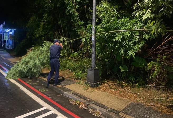 基隆市信义区的深澳坑路，有竹子疑似被风雨吹到垂在路中间，警方与附近店家借锯子清除。（基隆市警察局提供／徐佑升基隆传真）
