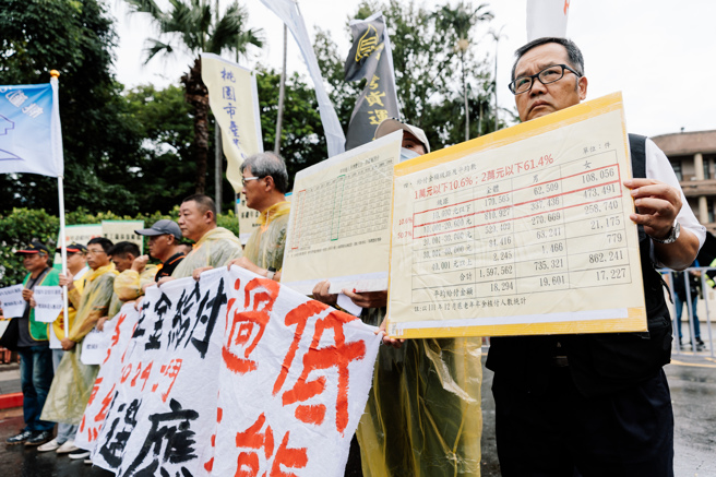 2024工斗等劳团27日在行政院门口举行「劳保年金给付过低 总统候选人应表态」记者会，呼吁三位总统参选人，应对劳工退休保障不足和劳保改革，提出明确具体政策方案。（郭吉铨摄）