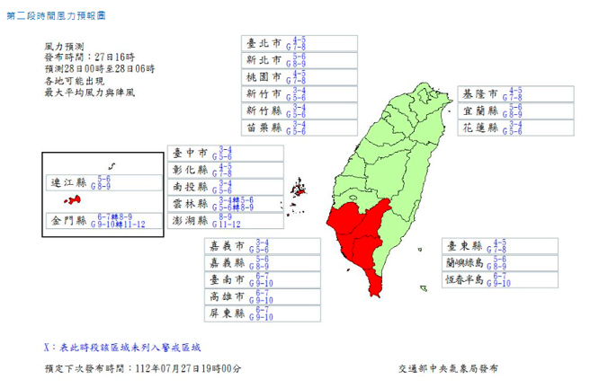 氣象局分析明天各縣市最大平均風力與陣風強度。（翻攝自氣象局）