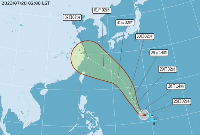 卡努預估下周二、三經過台灣以北，為台灣附近引進明顯的西南風水氣。（圖／中央氣象局提供）