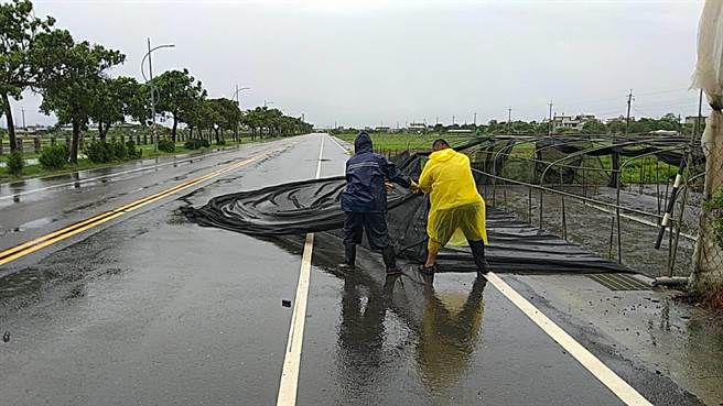 今清晨起，嘉义地区开始出现风雨，刮12级强风，不少路树、农业设施被吹倒，鹿草乡公所动员人力清理。（取自鹿草乡公所脸书/吕妍庭嘉义传真）