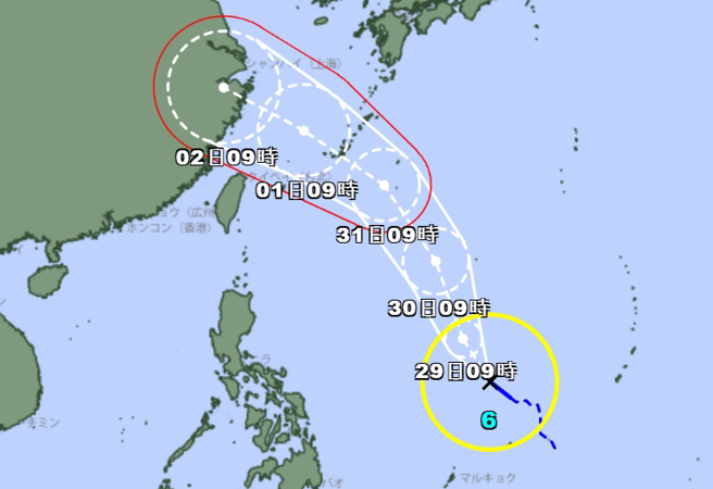 日本氣象廳預測，卡努可能在下周二觸及台灣北部，且強度將升級為「強烈颱風」。（翻攝日本氣象廳）