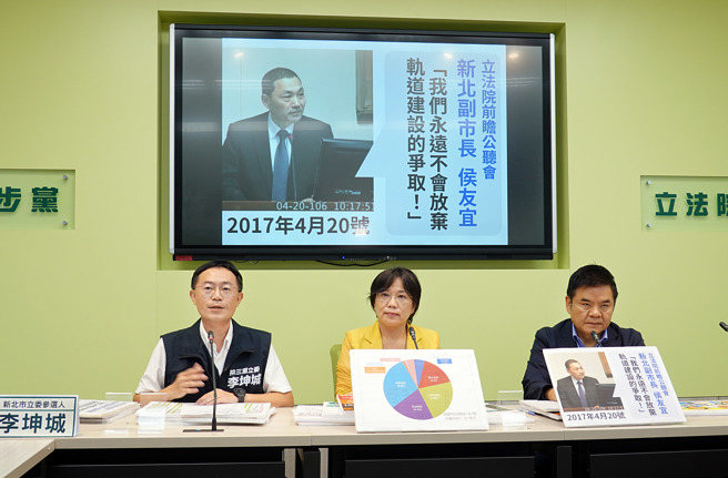 民进党立院党团今开记者会批评，不参选总统拿到预算大家还是笑嘻嘻，这两位还没参选总统前都是充满感谢，昔日言论自己打自己，这样不痛吗？民进党立委庄瑞雄（右起）、刘世芳、新北市立委参选人李坤城28日举行「前瞻建设在哪里？侯市长打脸侯市长」记者会。（姚志平摄）