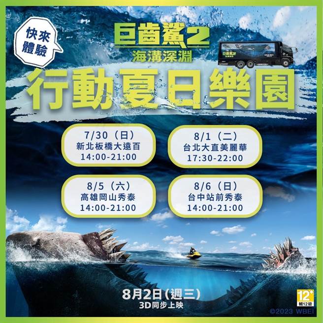 《巨齒鯊2：海溝深淵》行動夏日樂園將全台出沒。（華納兄弟提供）