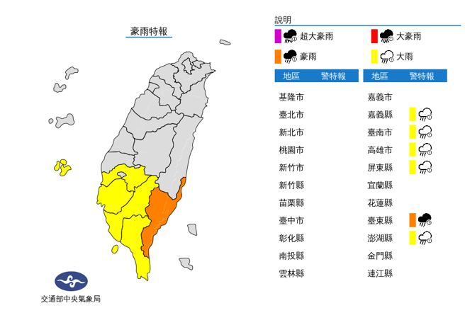 气象局针对6县市发布豪、大雨特报，南高屏入列。（图／气象局）