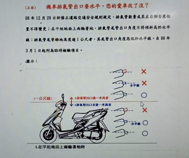Kawasaki Ninja 400黄牌重机，因排气管排气出风口未保持水平，警方当场制单告发。（翻摄画面）