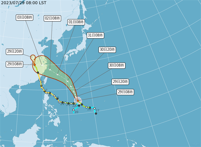 中央气象局指出，卡努颱风29日8时的中心位置在北纬 15.1 度，东经 134.1 度，以每小时18公里速度，向北北西进行。中心气压998百帕，近中心最大风速每秒18公尺，瞬间最大阵风每秒 25 公尺，七级风平均暴风半径 150 公里(西北侧 100 公里、东北侧 150 公里、西南侧 150 公里、东南侧 180 公里)。（翻摄自中央气象局／林良齐台北传真）