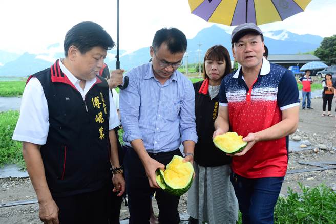 农委会主委陈吉仲（中）昨天到花莲了解西瓜灾情，西瓜都已出现叶片水伤、瓜裂等状况，立委傅昆萁（左）也提到水稻、硬质玉米、龙鬚菜等都有灾损。（王志伟摄）