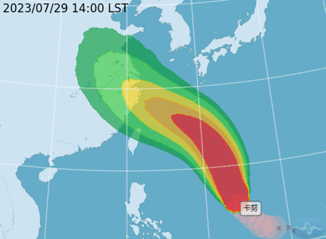 卡努颱風29日14時的中心位置在北緯16.1度，東經133.8 度，以每小時16公里速度，向北北西進行。（圖／氣象局）