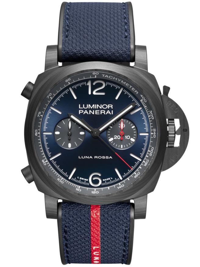 沛纳海推出体验版Luminor Luna Rossa Chrono Carbotech碳纤维计时码表，买表就可受邀前往义大利卡利亚里 (Cagliari )与Luna Rossa帆船队船员一同体验帆运动。（Panerai提供）