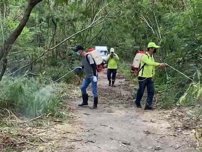 为防治登革热，高雄市卫生局至寿山公园步道喷洒苏力菌生物防治。（高雄市卫生局提供／崔正纲高雄传真）